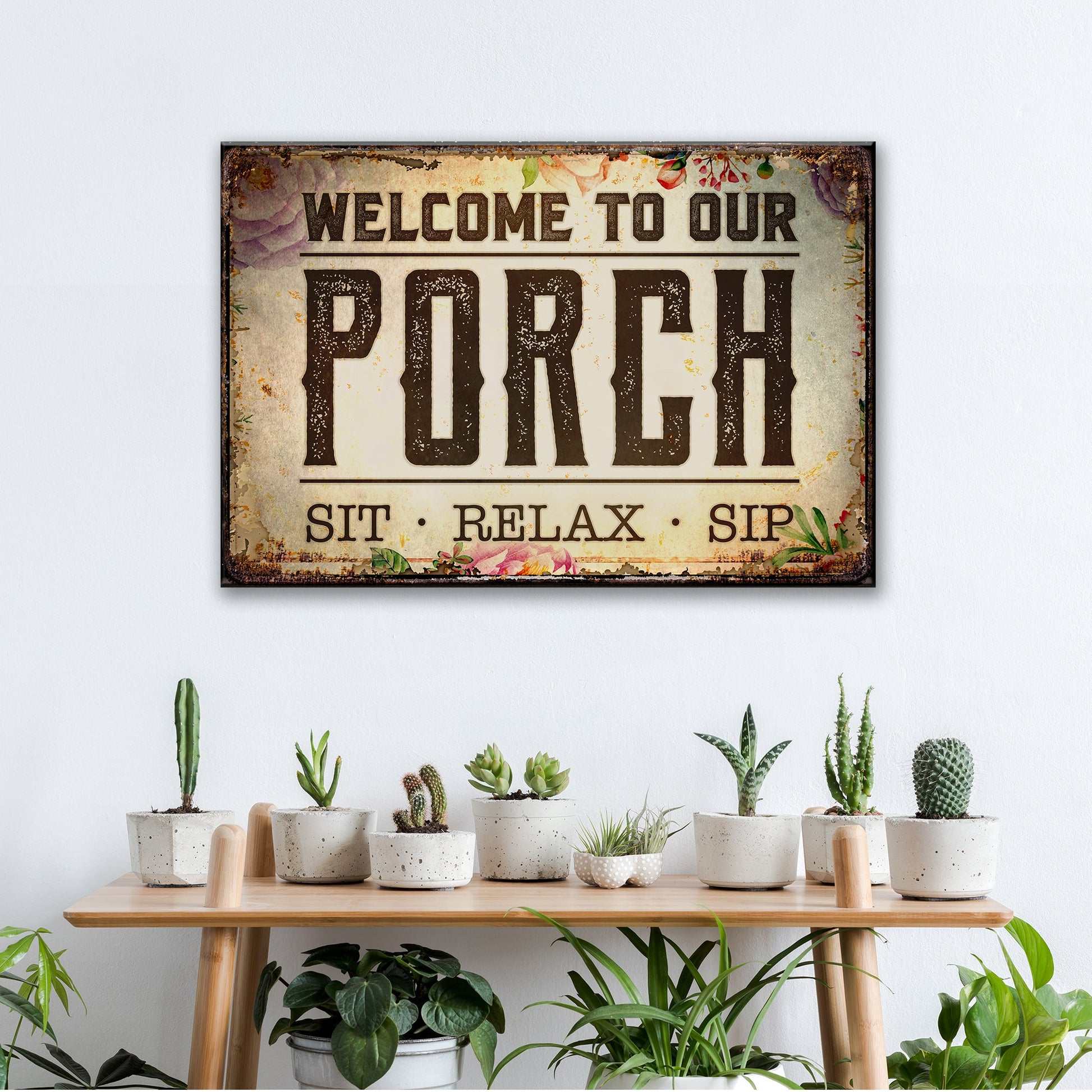 Personalized welcome to our porch canvas sign with rustic word-art family name design