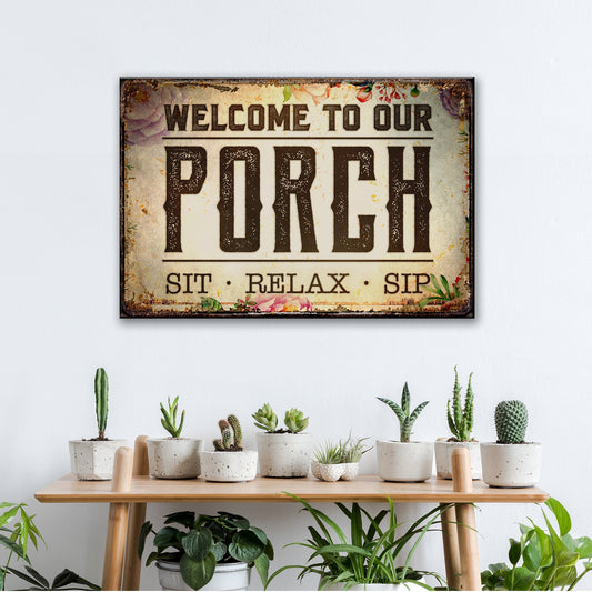 Personalized welcome to our porch canvas sign with rustic word-art family name design