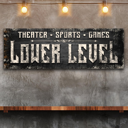 Lower Level Sign Black Distressed canvas shown in a styled room setting, view 2