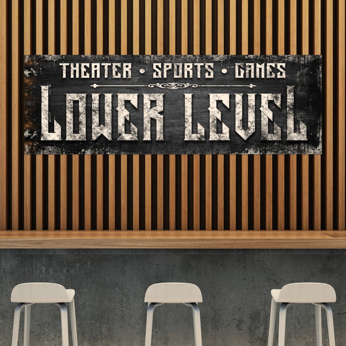 Lower Level personalized rustic word-art canvas sign hanging on a wall