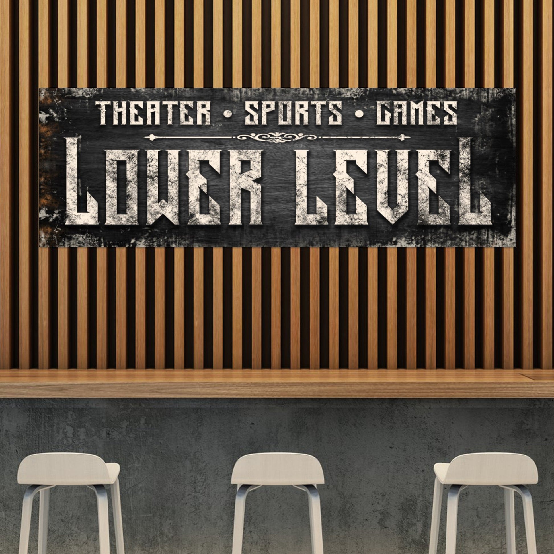 Lower Level personalized rustic word-art canvas sign hanging on a wall