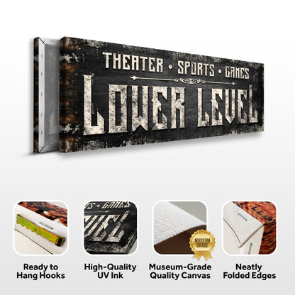 Black Lower Level sign canvas front and side, with text: Ready to Hang Hooks, High-Quality UV Ink, Museum-Grade Quality Canvas, Neatly Folded Edges