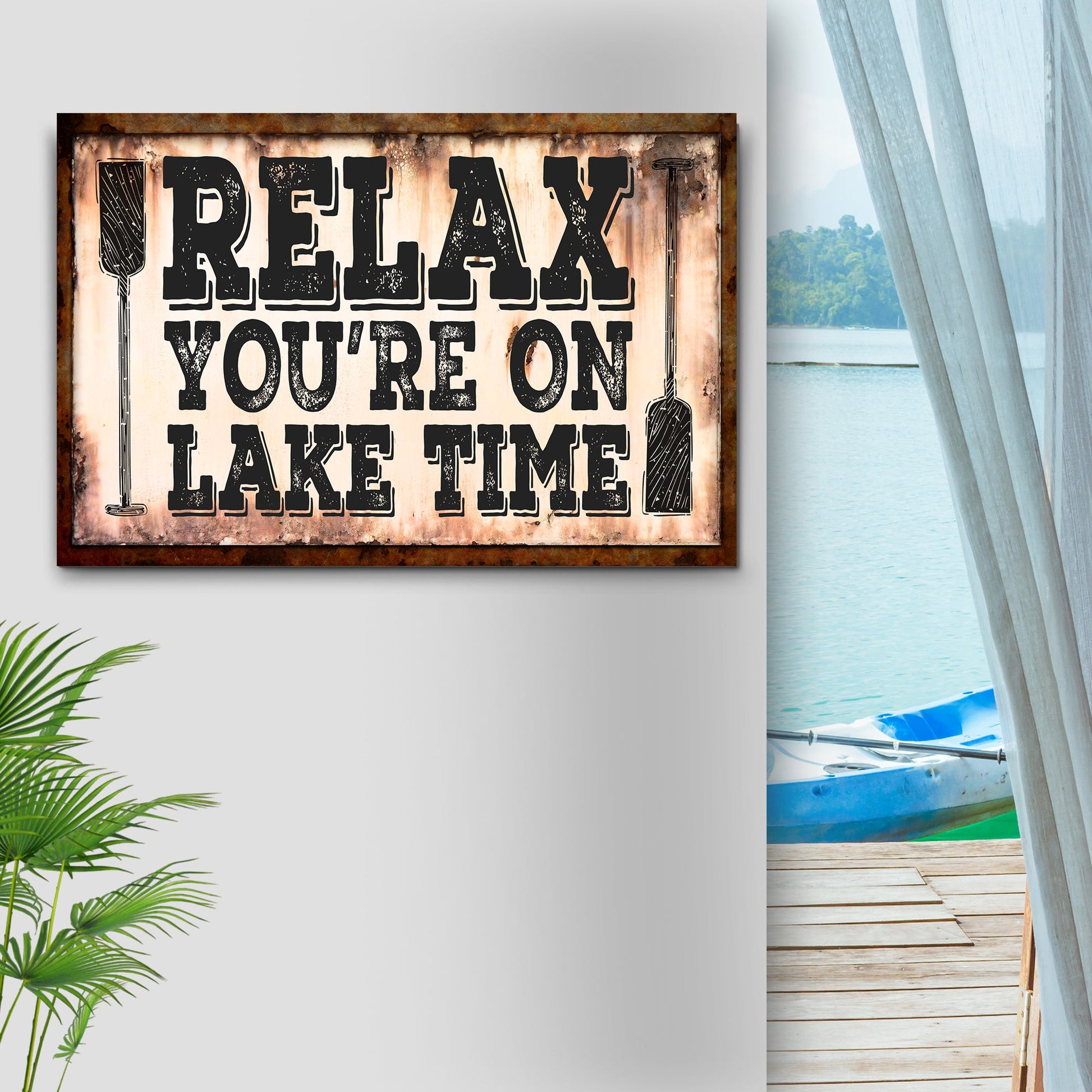 Lake time canvas wall art sign with casual lake life typography for lake house decor