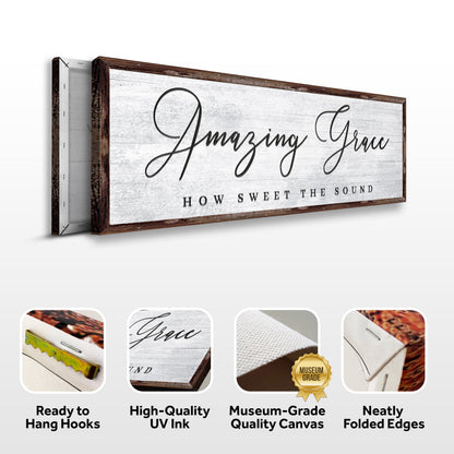 Amazing Grace sign canvas front and side, with text: Ready to Hang Hooks, High-Quality UV Ink, Museum-Grade Quality Canvas, Neatly Folded Edges