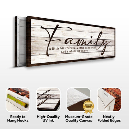 Family script sign canvas front and side, with text: Ready to Hang Hooks, High-Quality UV Ink, Museum-Grade Quality Canvas, Neatly Folded Edges
