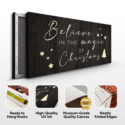 Believe Christmas sign canvas front and side, with text: Ready to Hang Hooks, High-Quality UV Ink, Museum-Grade Quality Canvas, Neatly Folded Edges