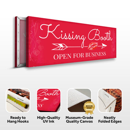 Kissing Booth sign canvas front and side, with text: Ready to Hang Hooks, High-Quality UV Ink, Museum-Grade Quality Canvas, Neatly Folded Edges