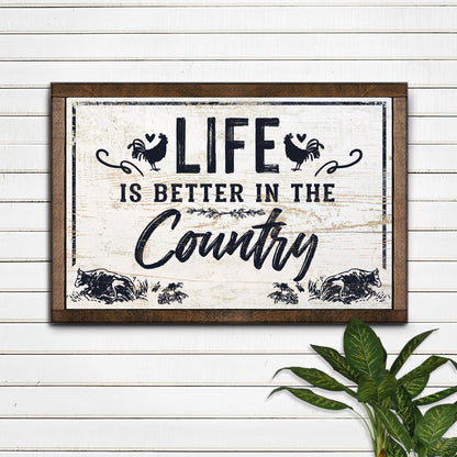 Country rooster farmhouse canvas sign on white shiplap beside a green plant