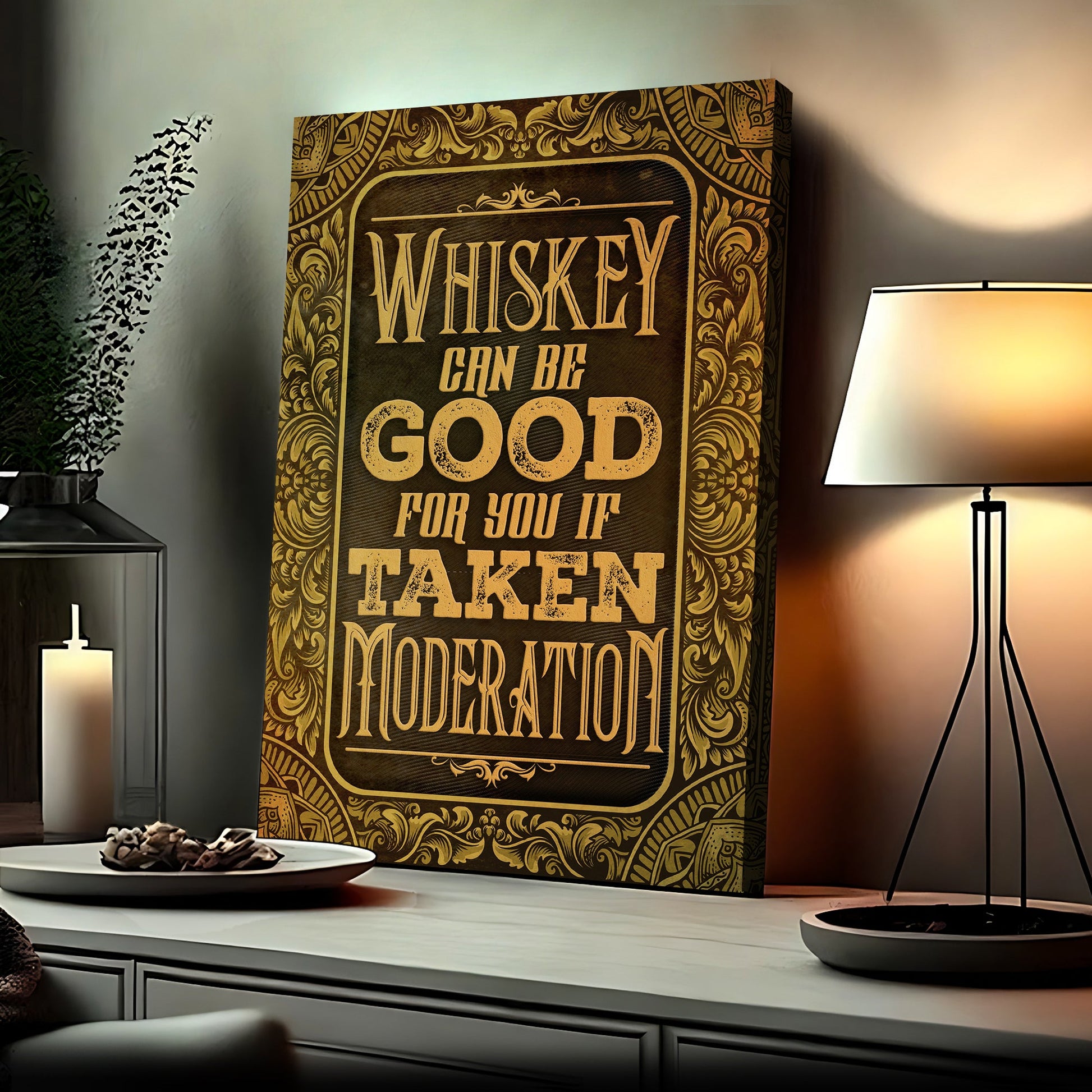 Whiskey bar vintage canvas wall art with classic typography and distillery atmosphere