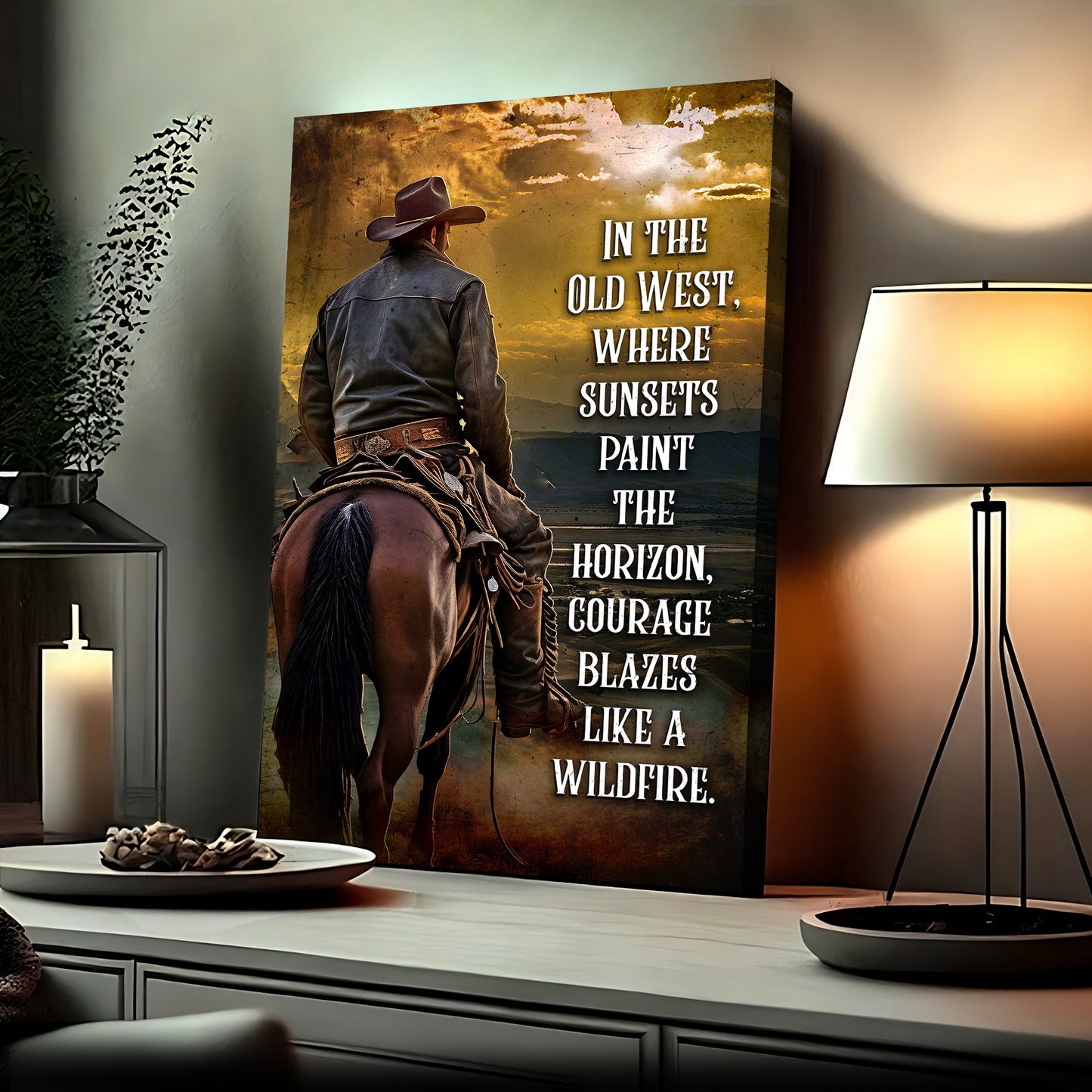 Old West wildfire canvas wall art sign with bold Western typography for rustic and Americana decor