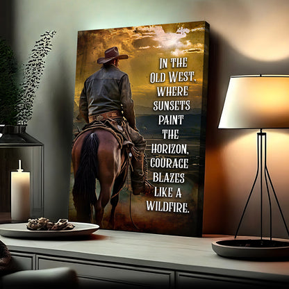 Old West wildfire canvas wall art sign with bold Western typography for rustic and Americana decor