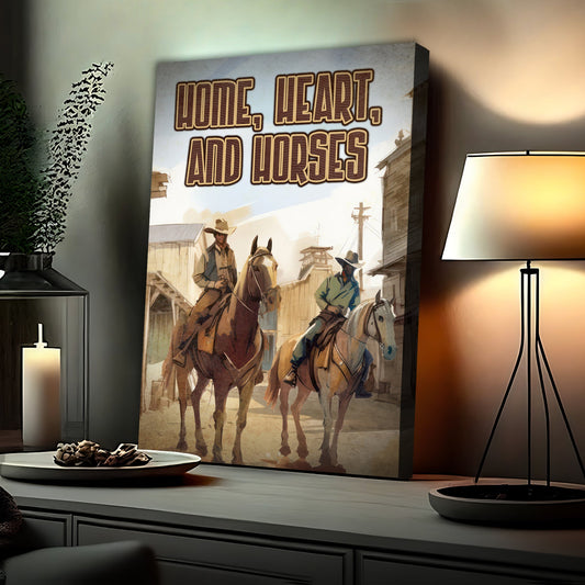 Home hearts and horses western canvas wall art with rustic equestrian saying and horse imagery on gallery-wrapped canvas