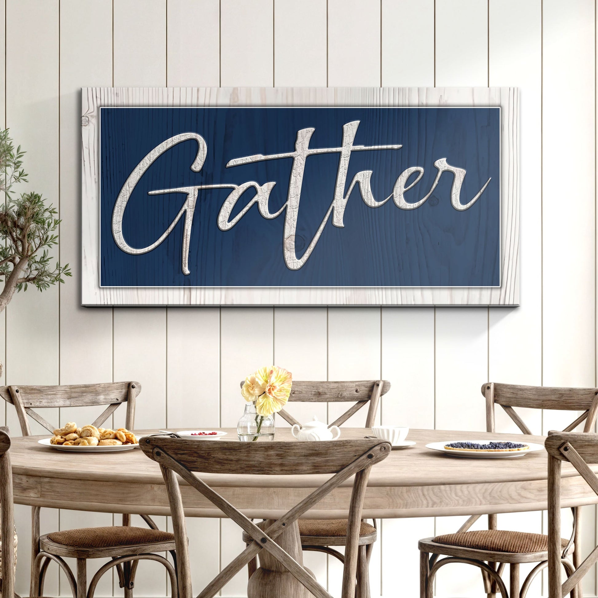 Minimalist Gather sign canvas wall art in clean lines for modern dining rooms