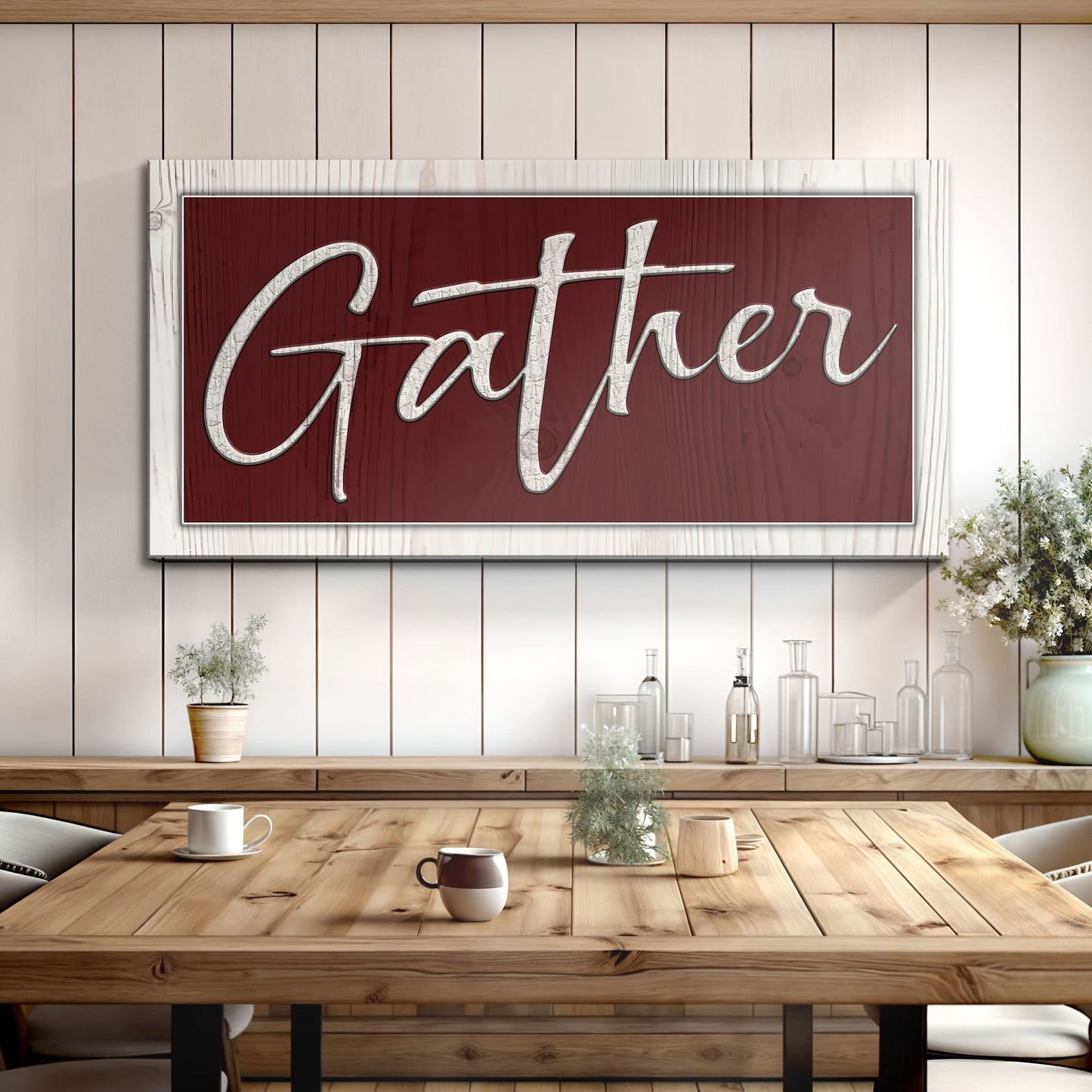 Gather canvas wall art sign with wreath botanical accent for farmhouse kitchens