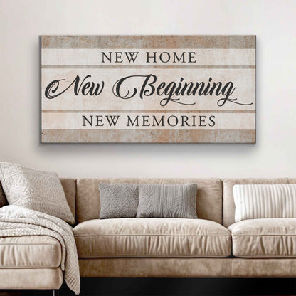 New Home New Beginning canvas wall art, a warm housewarming piece, ready to hang
