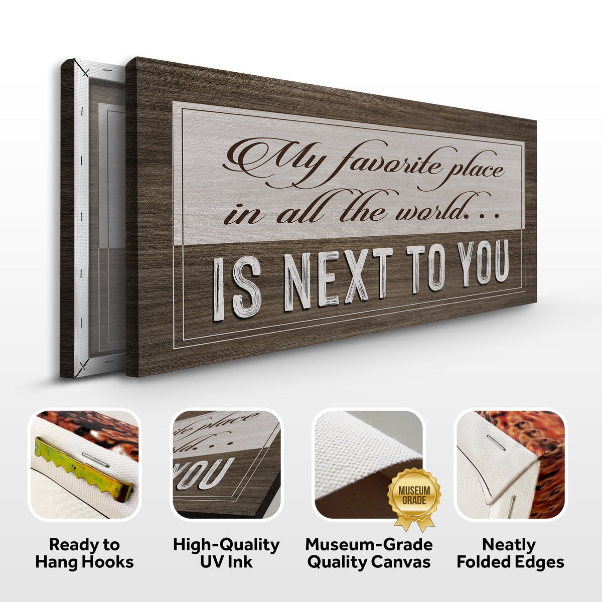 Favorite Place sign canvas front and side, with text: Ready to Hang Hooks, High-Quality UV Ink, Museum-Grade Quality Canvas, Neatly Folded Edges