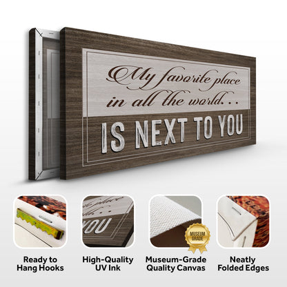 Favorite Place sign canvas front and side, with text: Ready to Hang Hooks, High-Quality UV Ink, Museum-Grade Quality Canvas, Neatly Folded Edges