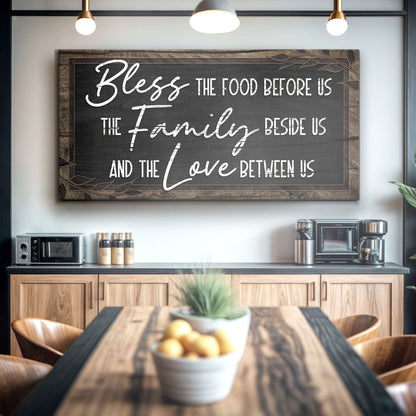 Bless the Food Black Wood-Look canvas shown in a styled room setting, view 2