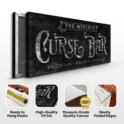 Witch's Curse Bar canvas front and side, with text: Ready to Hang Hooks, High-Quality UV Ink, Museum-Grade Quality Canvas, Neatly Folded Edges