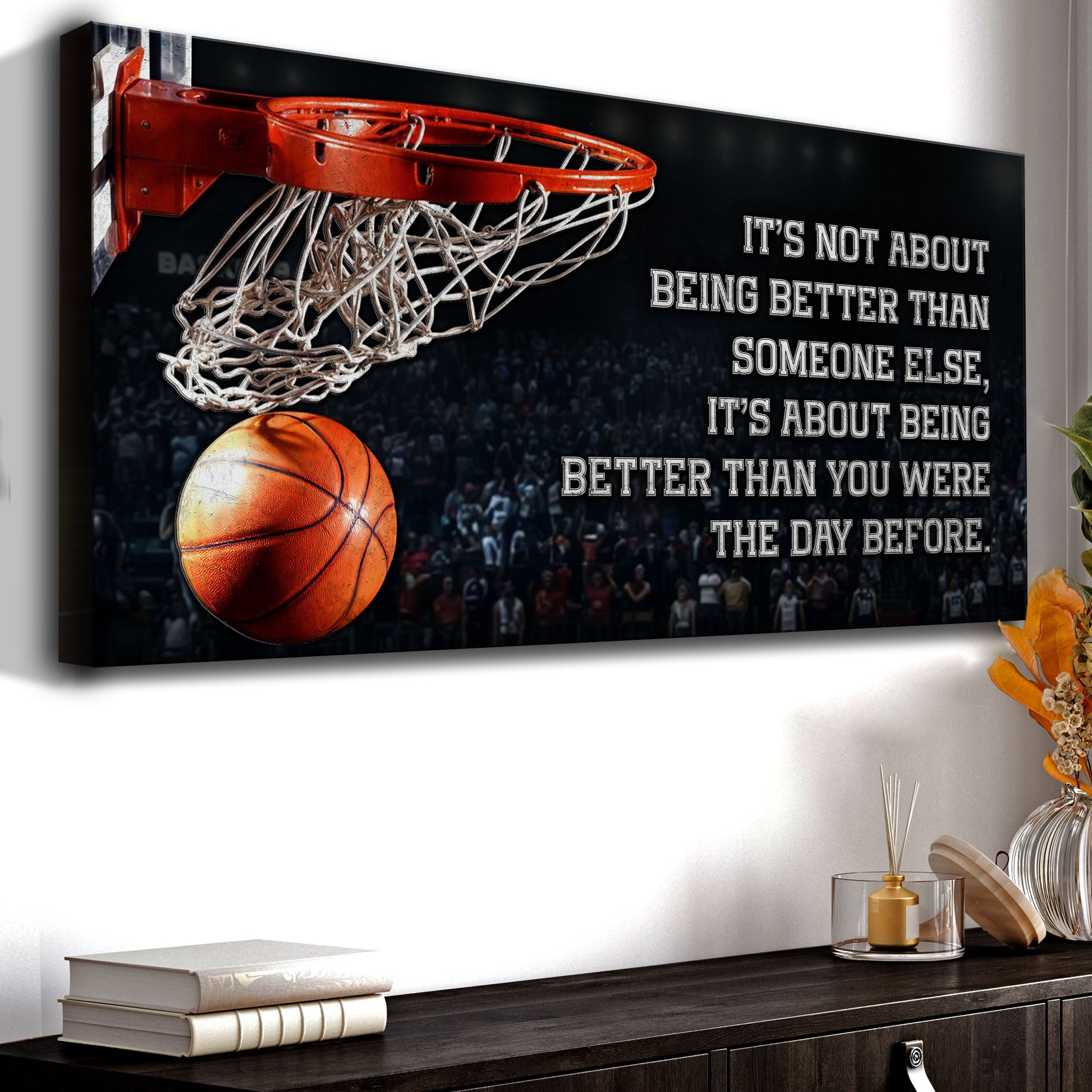 Basketball motivation canvas wall art with bold inspirational text for sports bedroom or gym decor