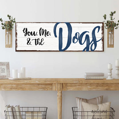 You, Me and the Dogs Navy Brush Script canvas shown in a styled room setting, view 3