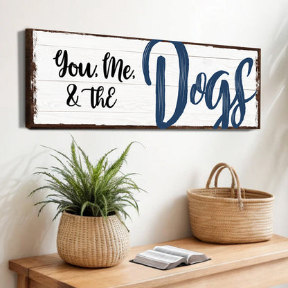 You, Me and the Dogs Navy Brush Script canvas shown in a styled room setting, view 4