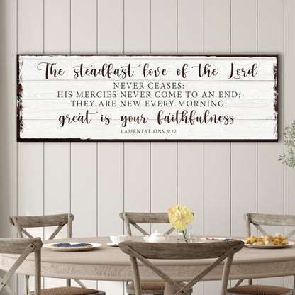 Lamentations 3:22 Steadfast Love Long canvas shown in a styled room setting, view 2