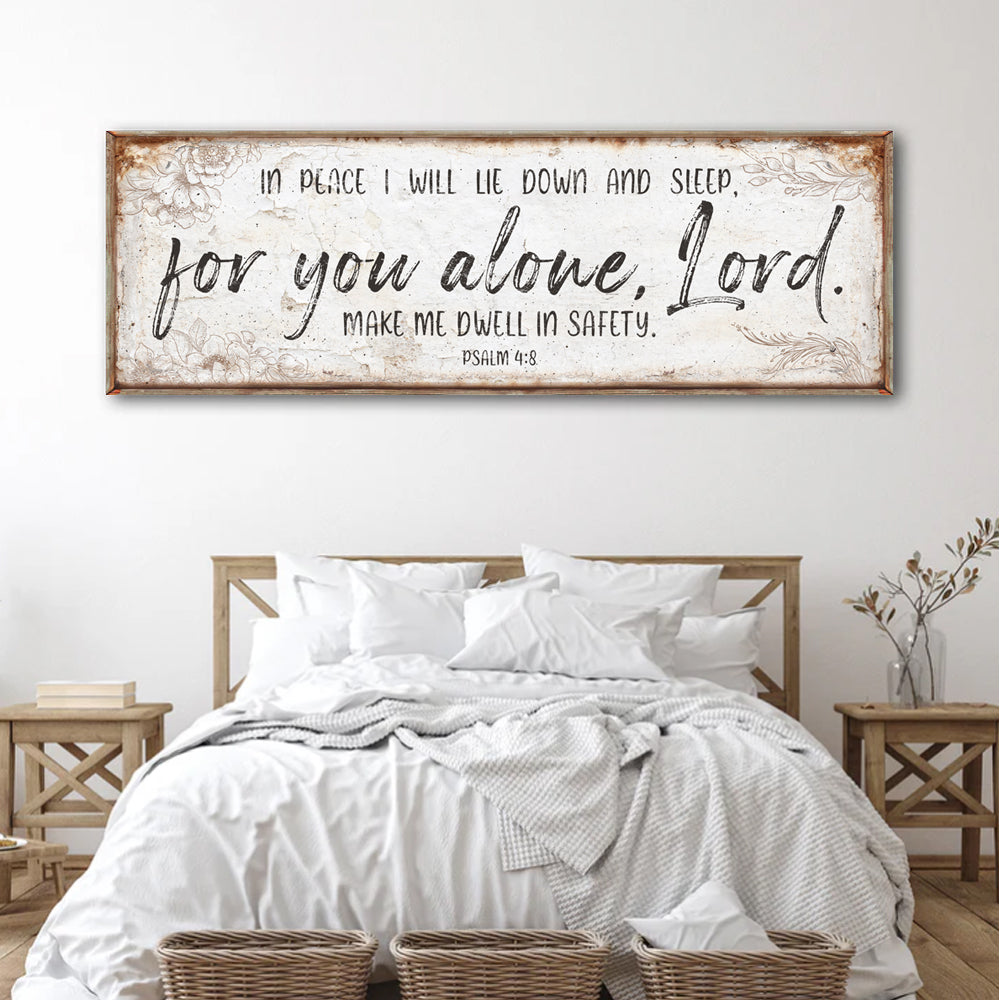 In Peace I Will Lie Down Psalm 4:8 tall faith canvas for bedroom with peaceful lettering