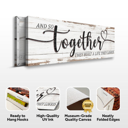 Together sign canvas front and side, with text: Ready to Hang Hooks, High-Quality UV Ink, Museum-Grade Quality Canvas, Neatly Folded Edges