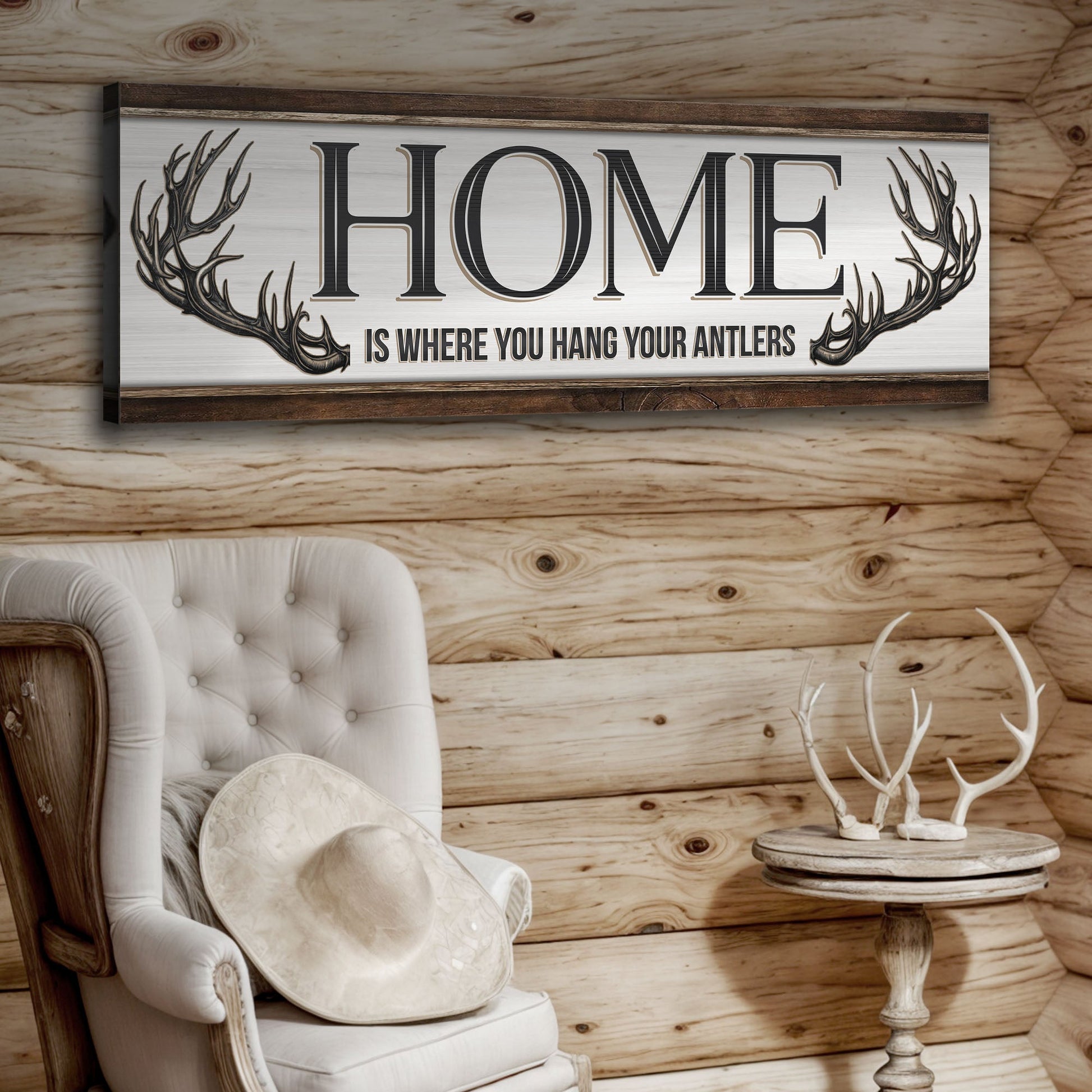 Home Is Where You Hang Your Antlers canvas wall art with rustic antler imagery and witty woodland saying on gallery-wrapped canvas