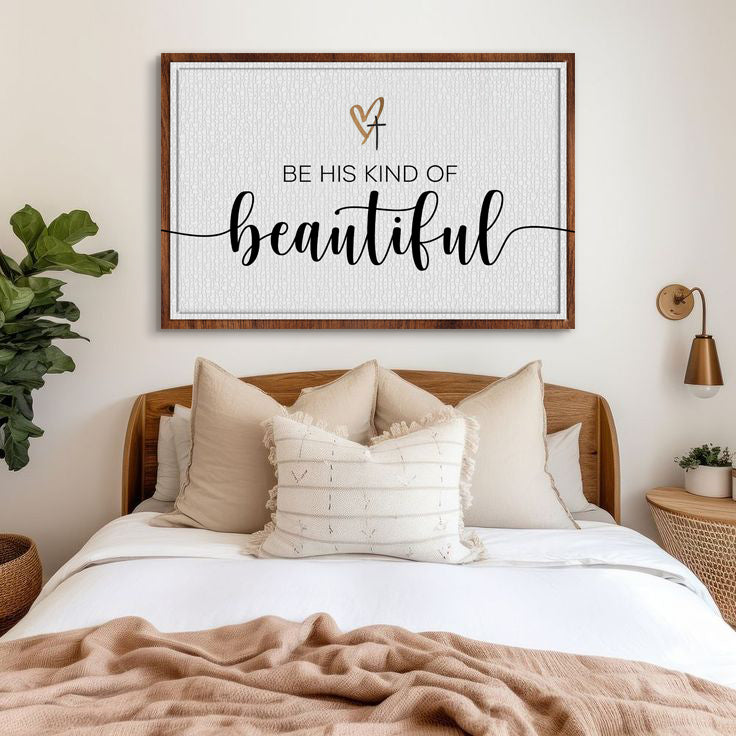 Be His Kind of Beautiful Heart and Cross canvas shown in a styled room setting, view 4