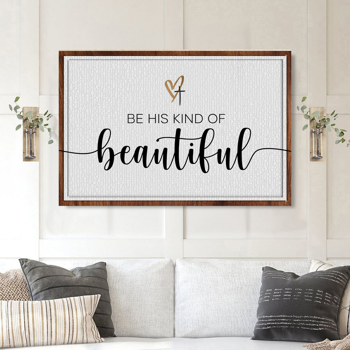 Be His Kind of Beautiful Heart and Cross canvas shown in a styled room setting, view 3