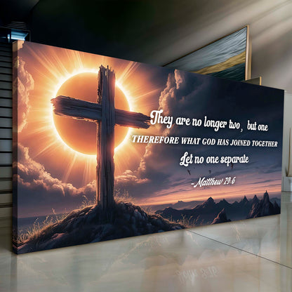 Matthew 19:6 No Longer Two But One Cross canvas shown in a styled room setting, view 3