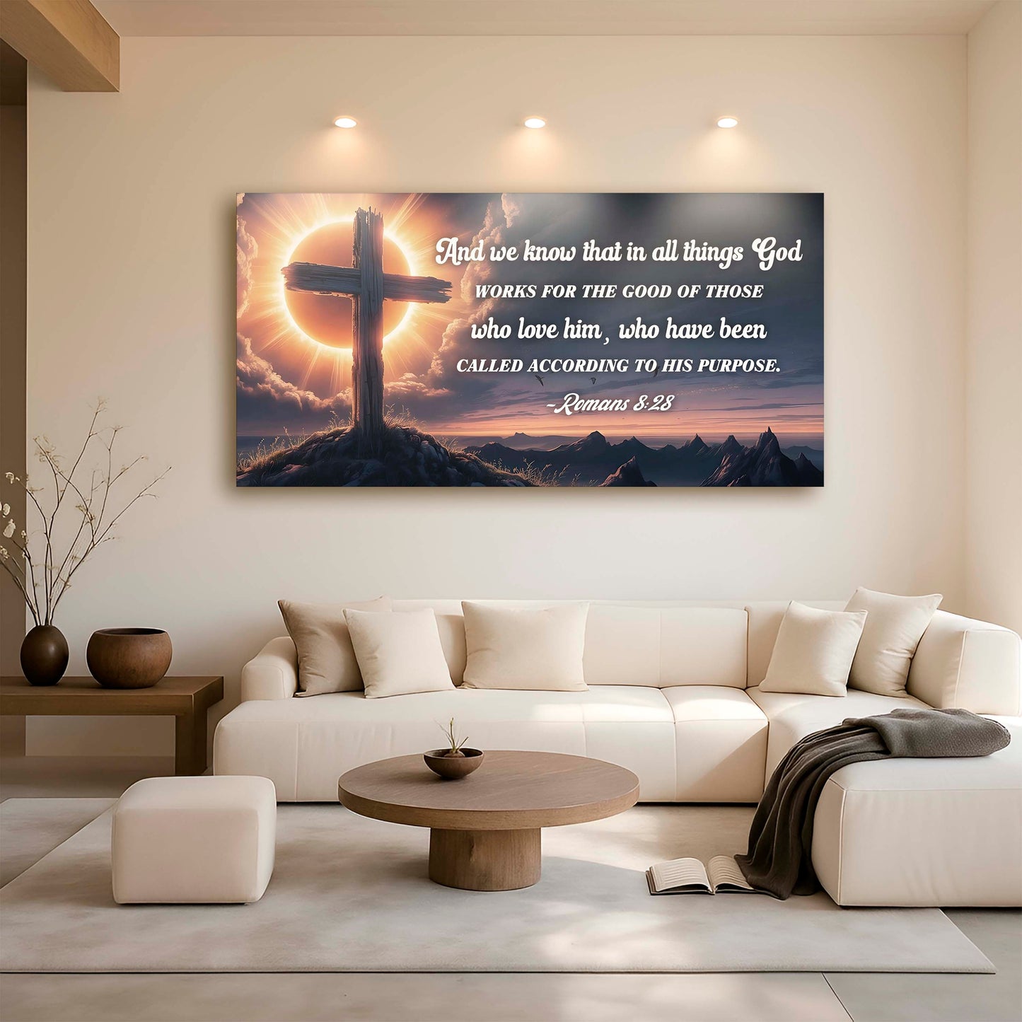 Romans 8:28 God Works For the Good faith canvas sign with scripture typography