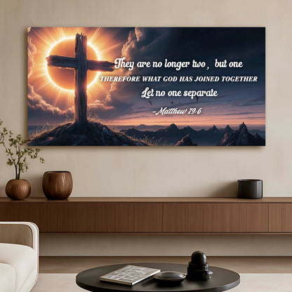 Matthew 19:6 No Longer Two But One Cross canvas shown in a styled room setting, view 4