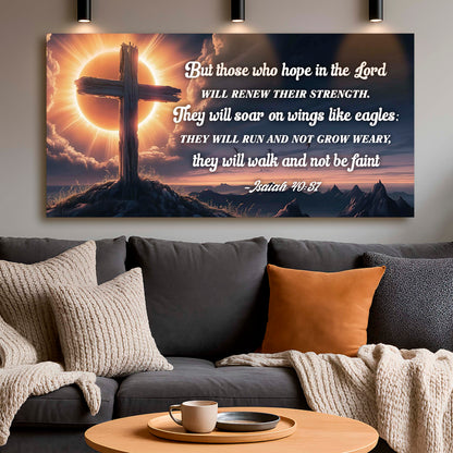 Isaiah 40:31 Wings Like Eagles Cross and Eclipse Sign canvas shown in a styled room setting, view 6