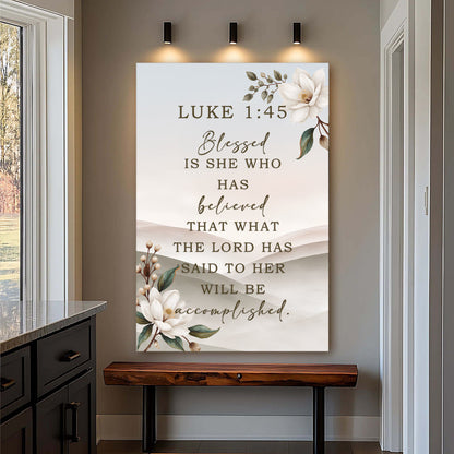 Luke 1:45 Blessed Is She Magnolia canvas shown in a styled room setting, view 4