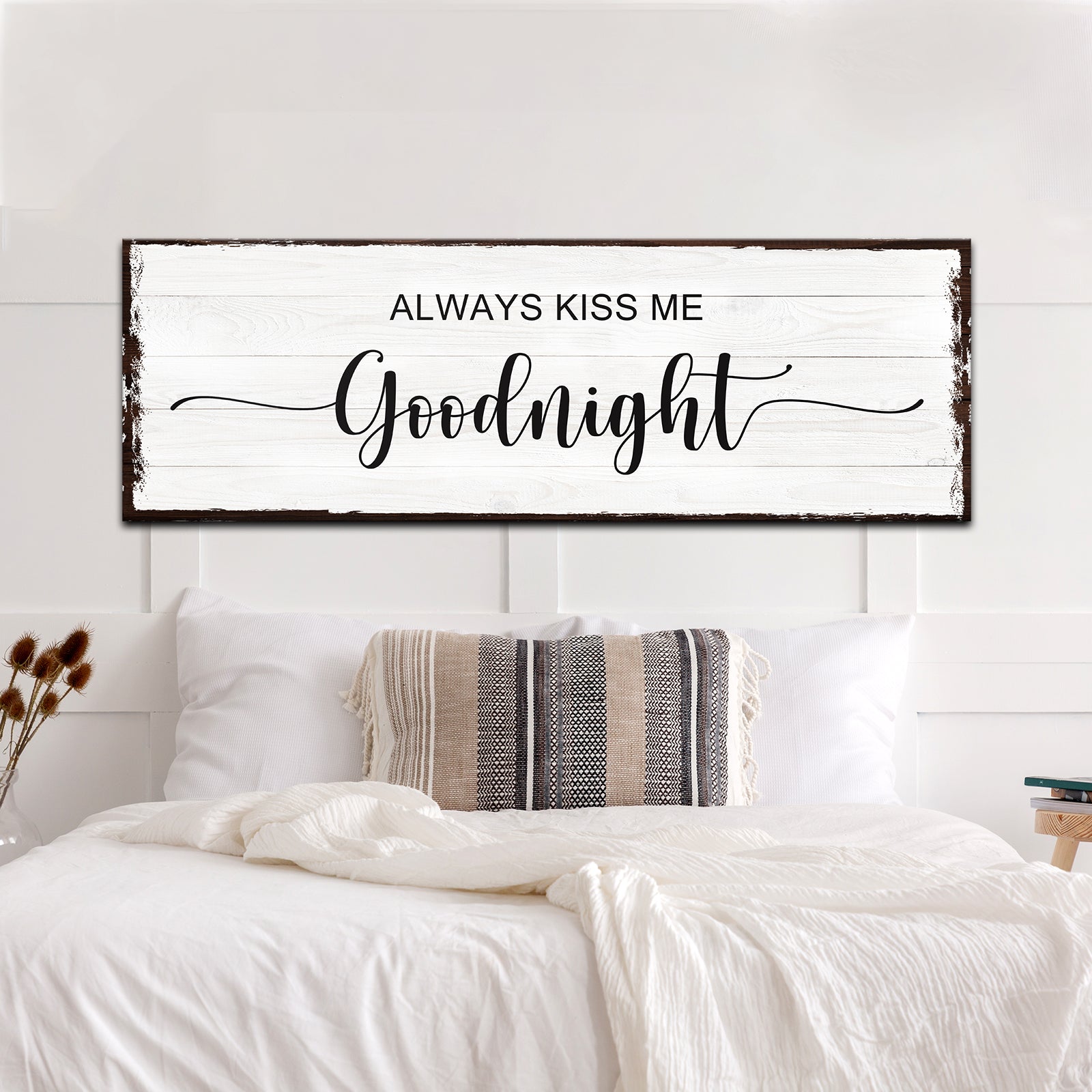 Always Kiss Me Goodnight couple rustic canvas wall sign