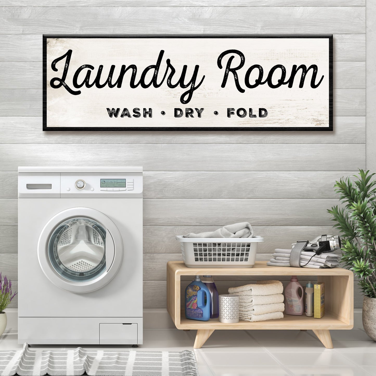Laundry Room Wash Dry Fold canvas sign in rustic lettering, ready to hang
