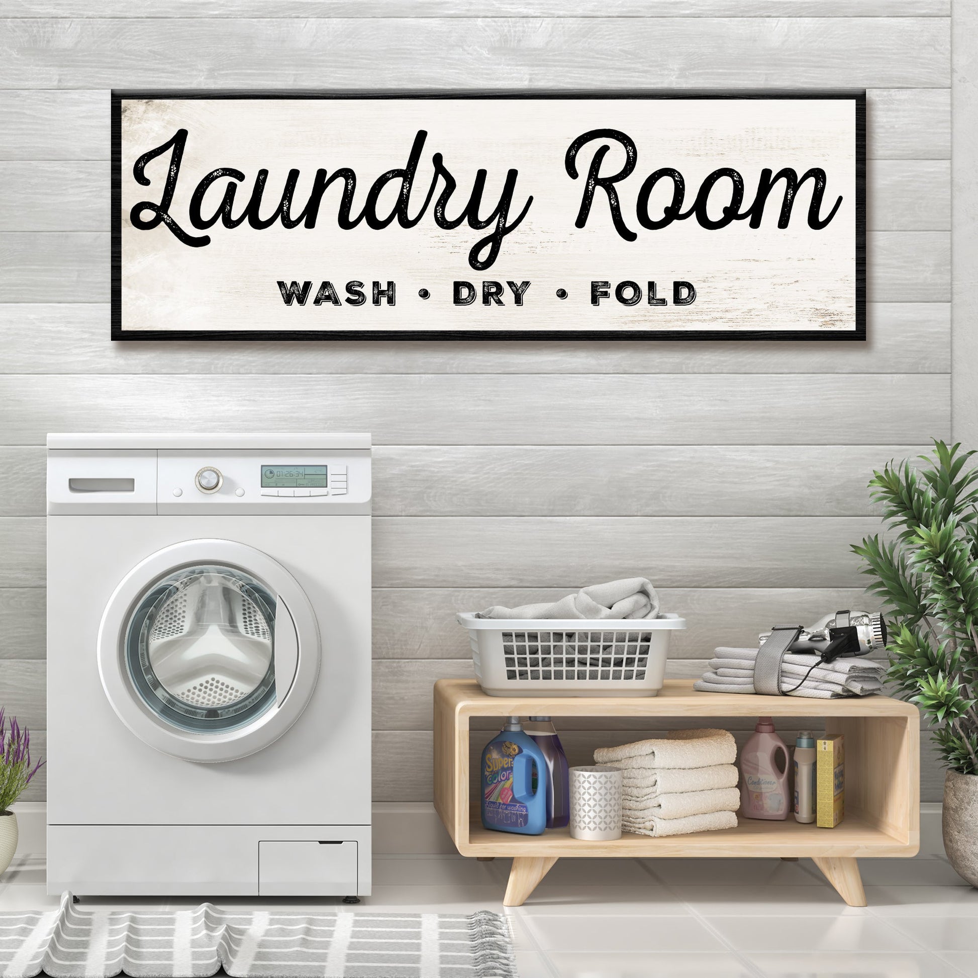 Laundry Room Wash Dry Fold canvas sign in rustic lettering, ready to hang