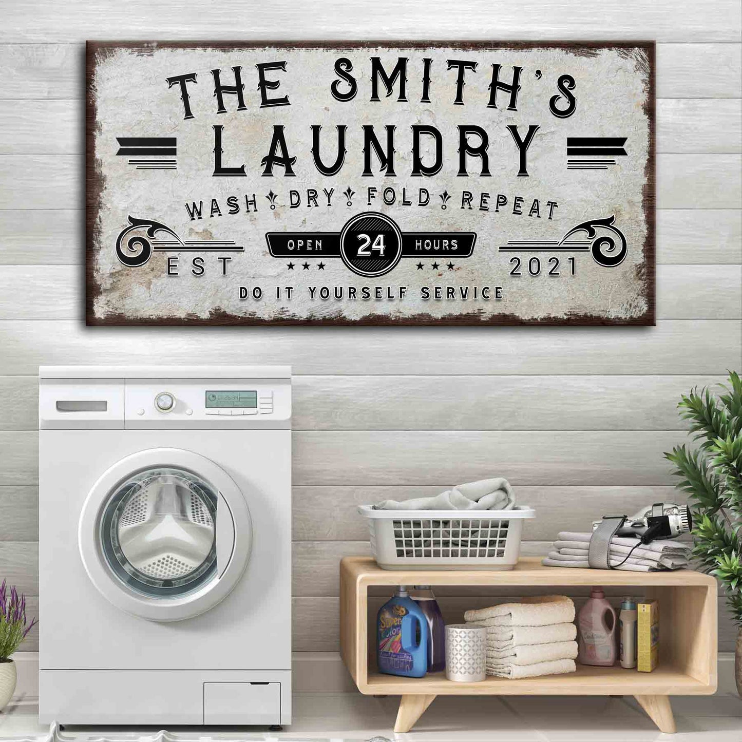 Personalized laundry room family name canvas sign with cozy rustic lettering