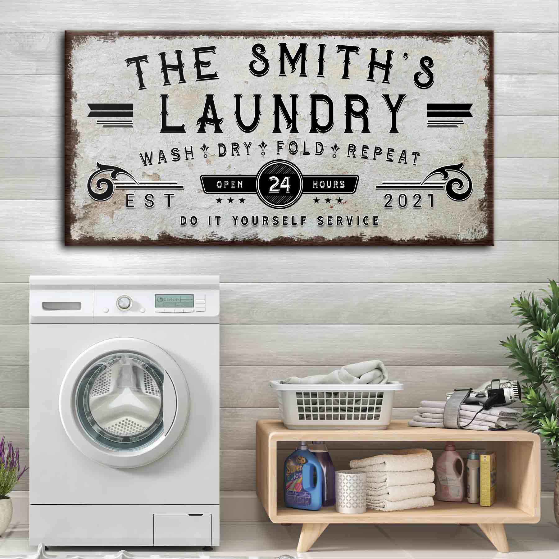 Personalized laundry room family name canvas sign with cozy rustic lettering