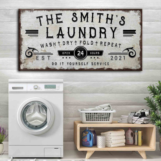 Personalized laundry room family name canvas sign with cozy rustic lettering