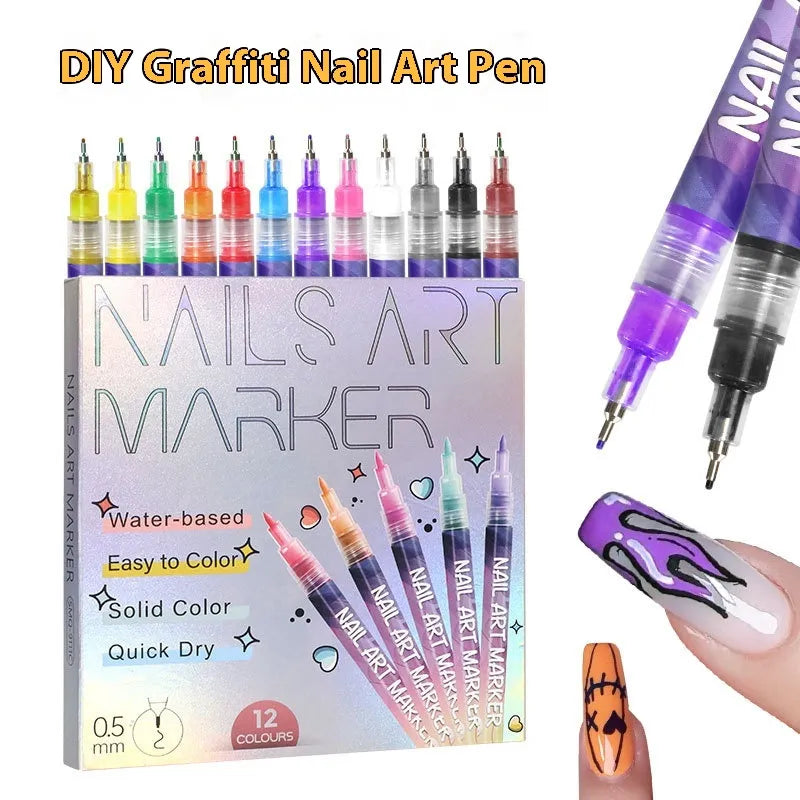 Nail art marker pen set in holographic box showing water-based 0.5mm tip pens dimensions