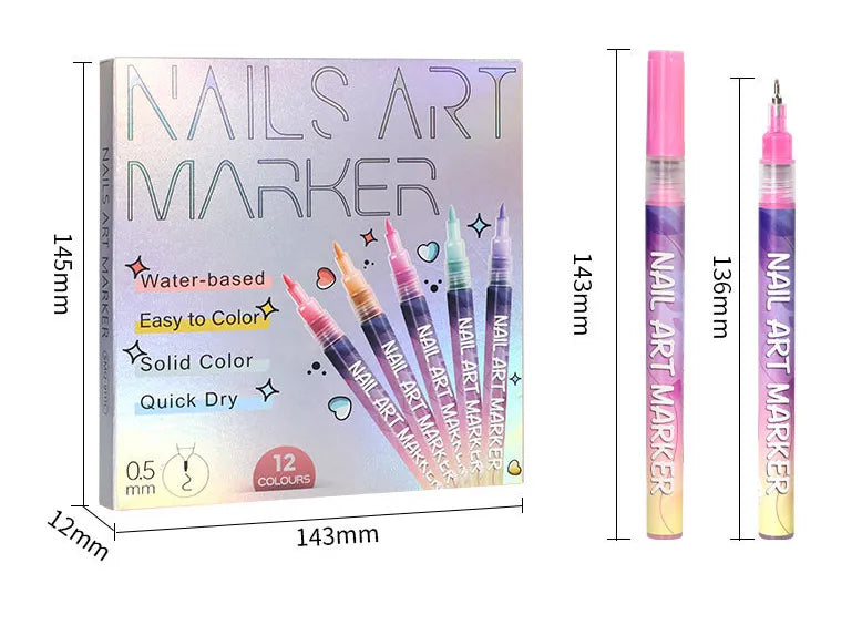 Nail art marker set with packaging and markers displayed, showing dimensions.