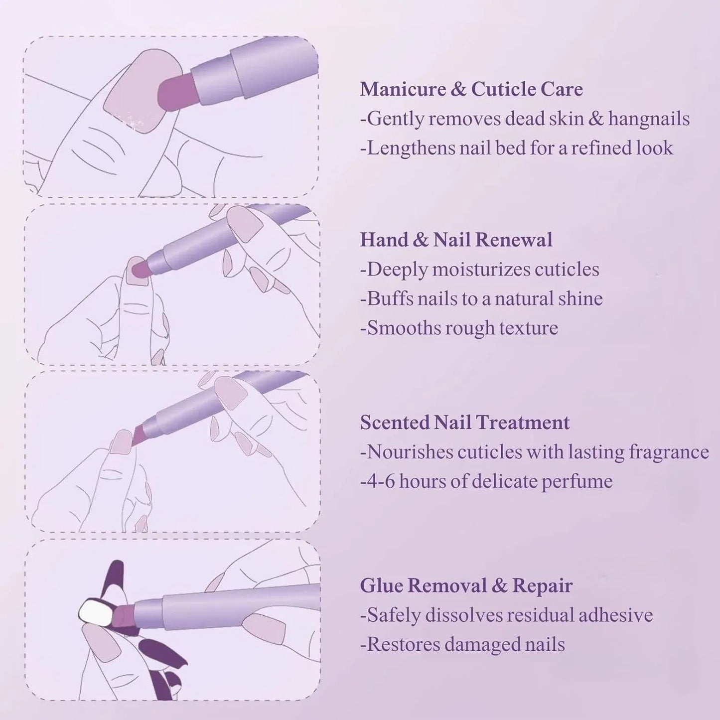 Nail care product with illustrations and descriptions on a light purple background