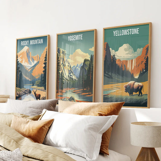National park wall art set of 3 vintage travel prints