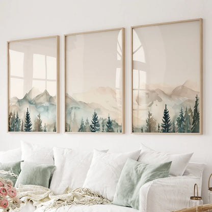 Minimal mountain forest nature wall art set of 3