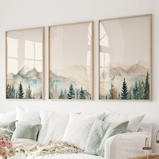 Minimal mountain forest nature wall art set of 3