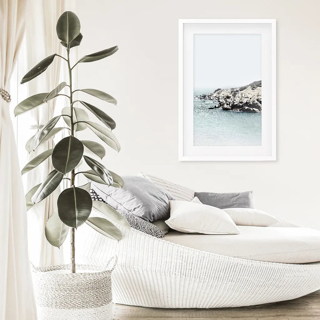 Nautical Ocean Waves and Rocks Print - Neutral Coastal Wall Art